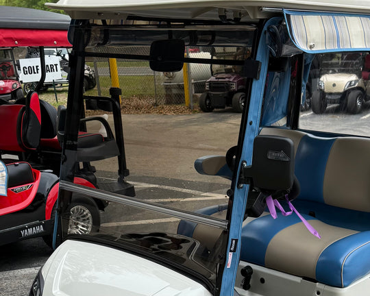 Tinted MagMount golf cart windshield installed on Yamaha Drive 2