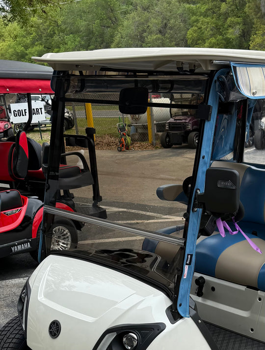 Tinted MagMount golf cart windshield installed on Yamaha Drive 2