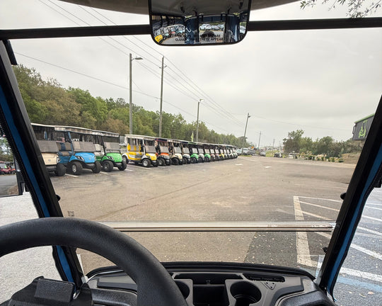 Tinted MagMount golf cart windshield installed on Yamaha Drive 2