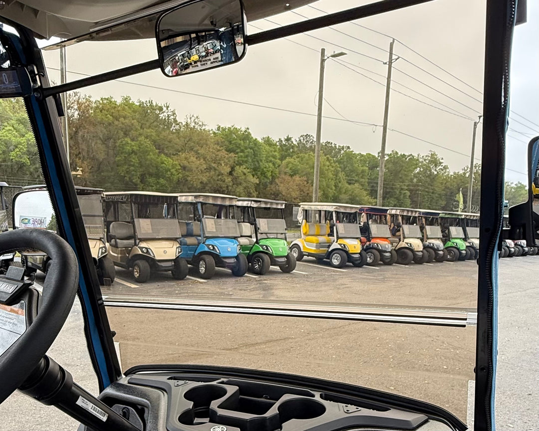 Tinted MagMount golf cart windshield installed on Yamaha Drive 2