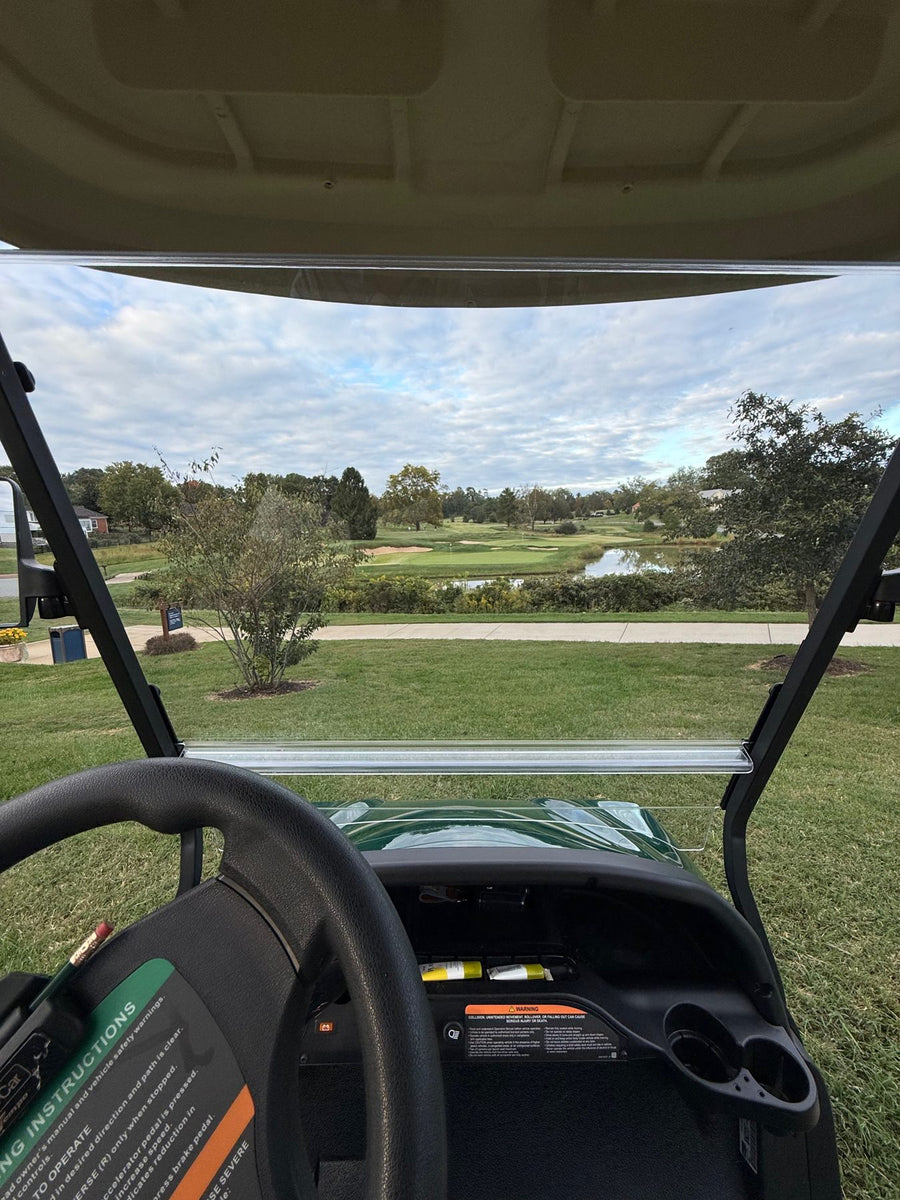Driver's-seat view through the Evolution windshield with the hinge below the sightline