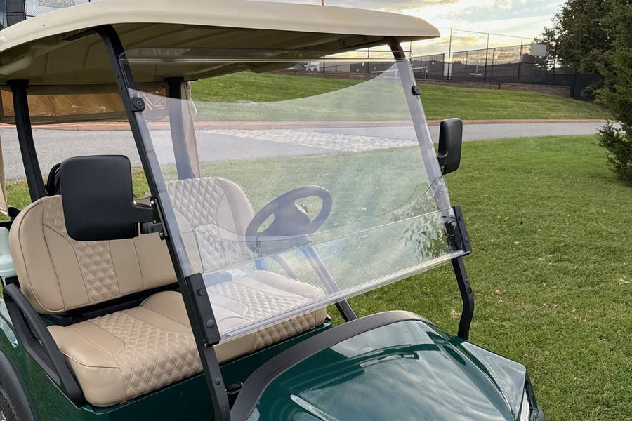 Club Car Onward LSV with the Evolution AS-4 polycarbonate windshield and pivot hinge, lower panel open